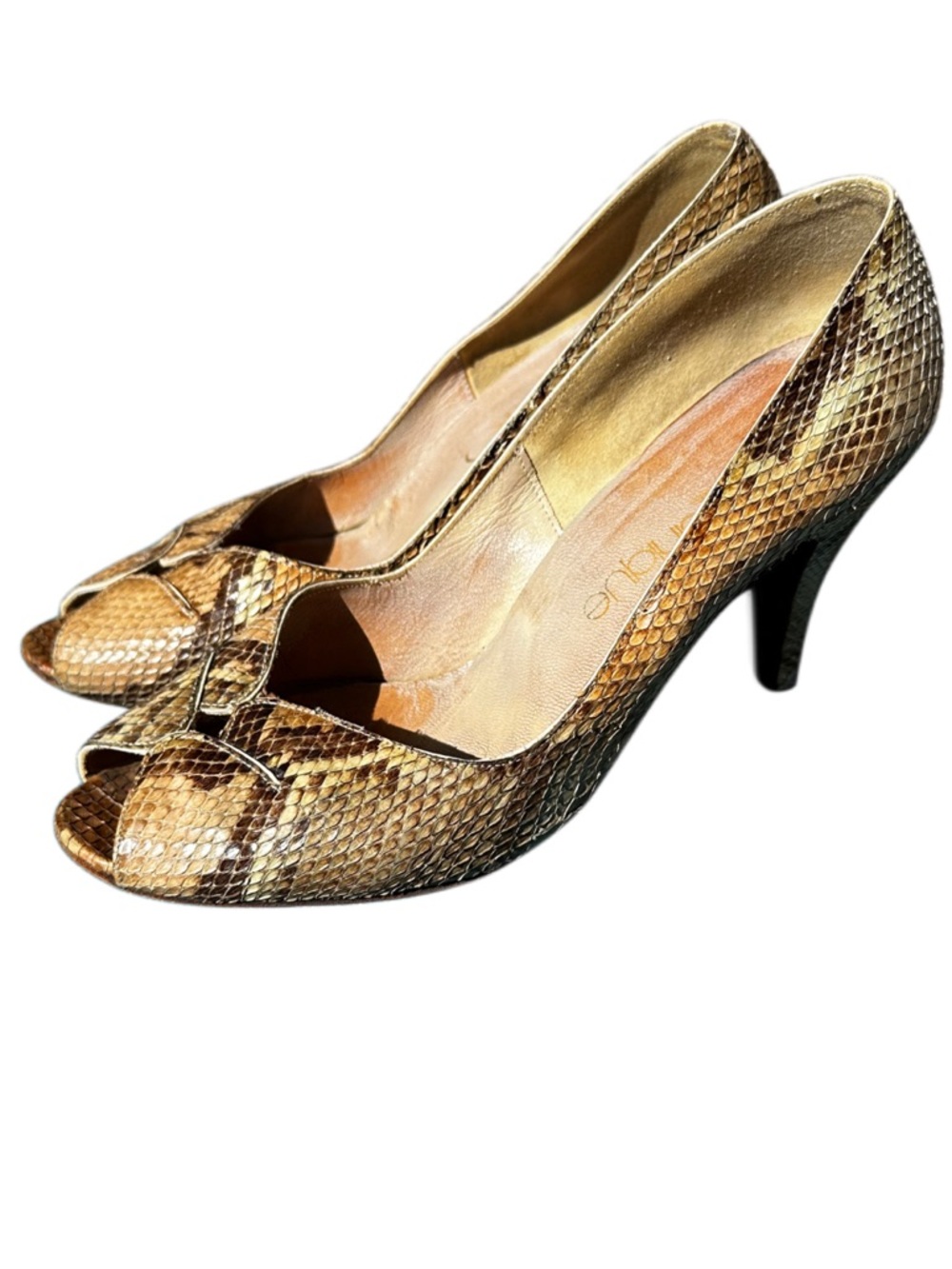MARTINIQUE CUOLO ITALIAN Natural Snake Skin w/green vintage rare 80s Peep Toe S7